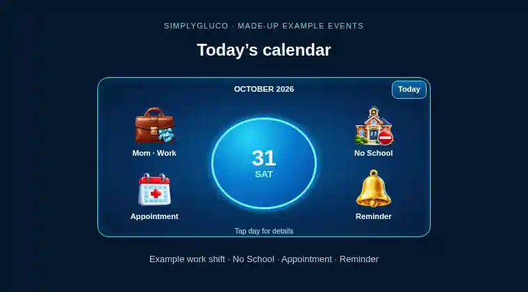 SimplyGluco Today calendar with fictional work, No School, appointment and reminder events